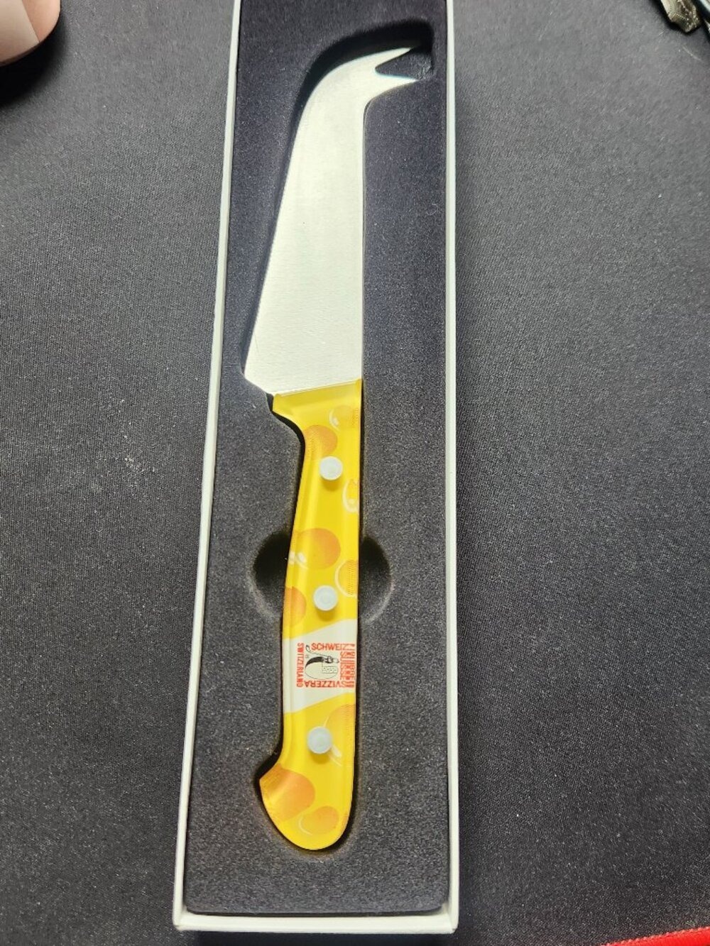 Swiss Cheese Knife Yellow Spotted Handle Forked Pronged Tip Charcuterie Box 10"